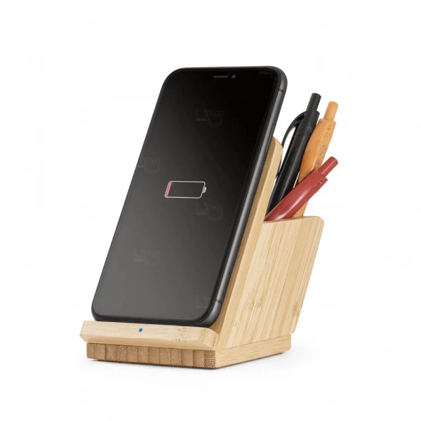 Base Carregador Wireless em Bambu com Porta Canetas Personalizado