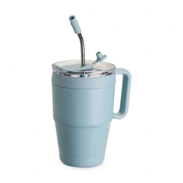 Caneca Térmica 600ml com Canudo Inox Personalizada Azul Claro
