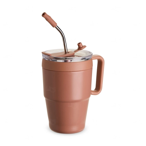 Caneca Térmica 600ml com Canudo Inox Personalizada Marrom