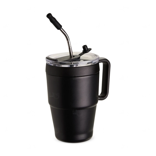 Caneca Térmica 600ml com Canudo Inox Personalizada Preto