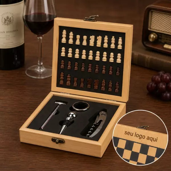 Kit Vinho e Xadrez 4 Peças Personalizado