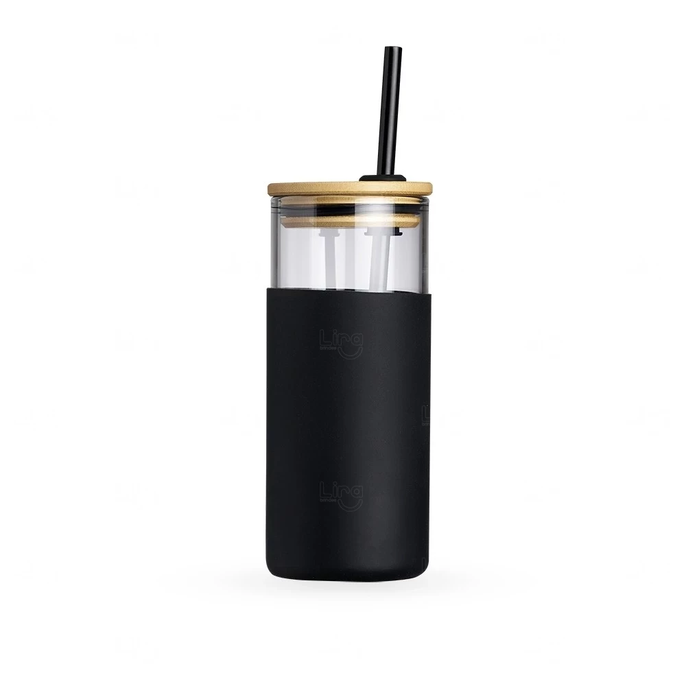 Copo de Vidro 500ml com Canudo Personalizado Preto