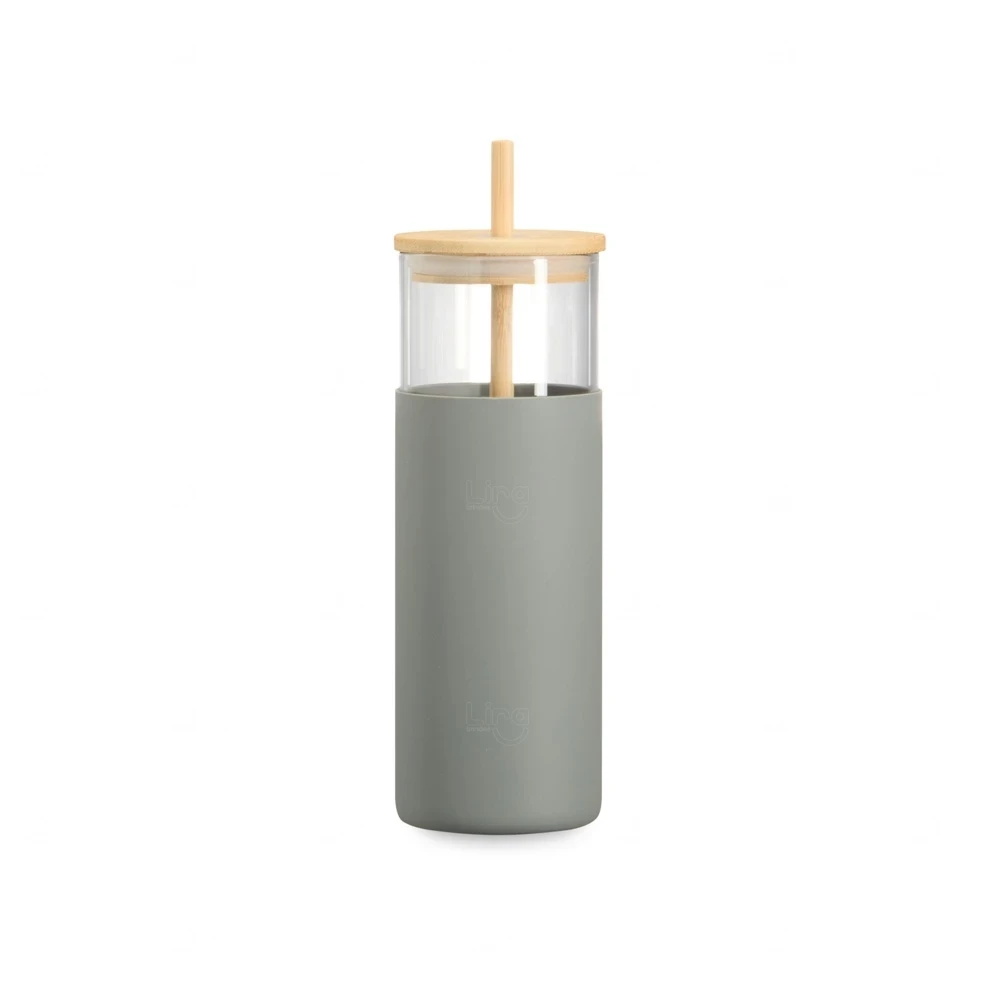 Copo de Vidro 500ml com Canudo Personalizado Cinza
