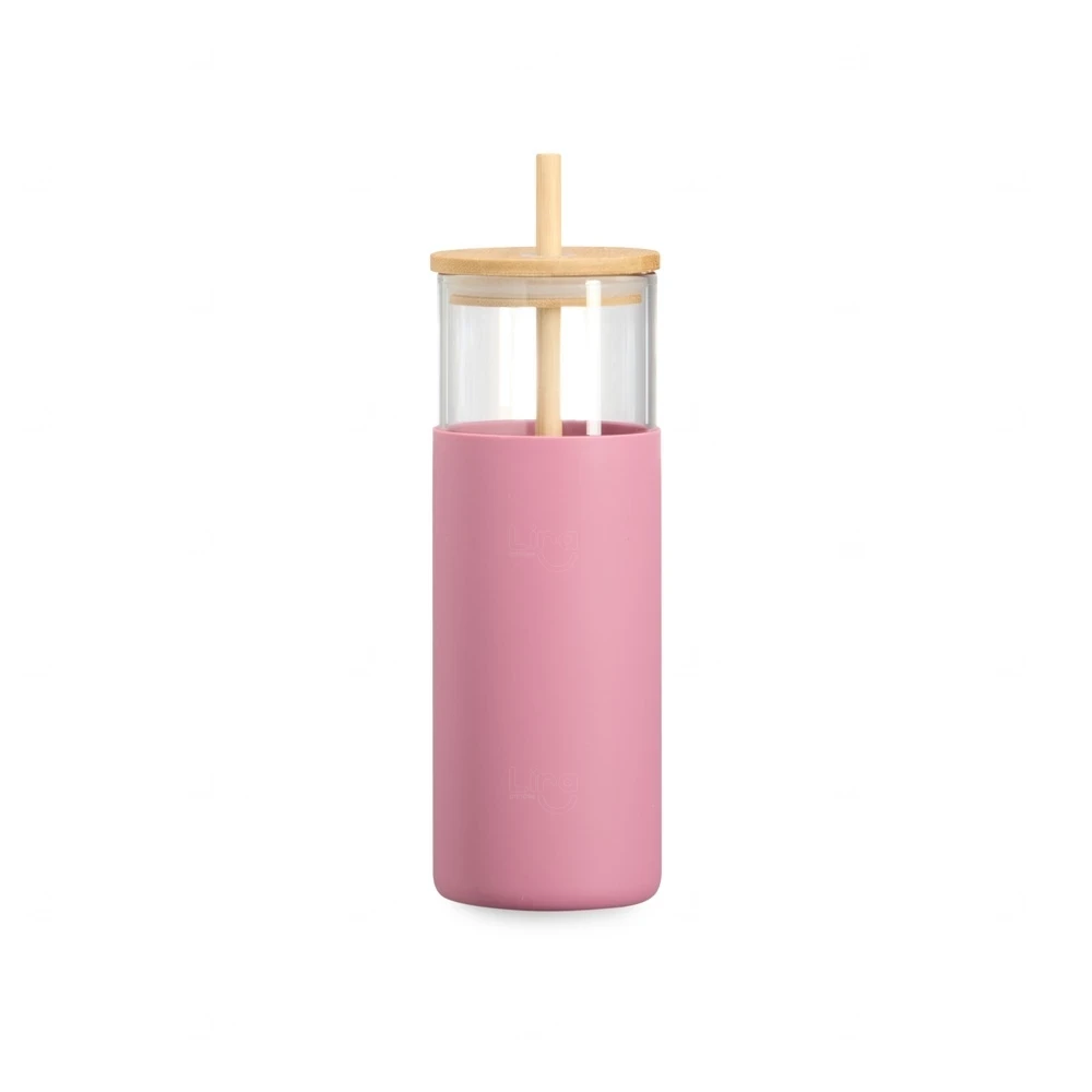 Copo de Vidro 500ml com Canudo Personalizado Rosa Escuro
