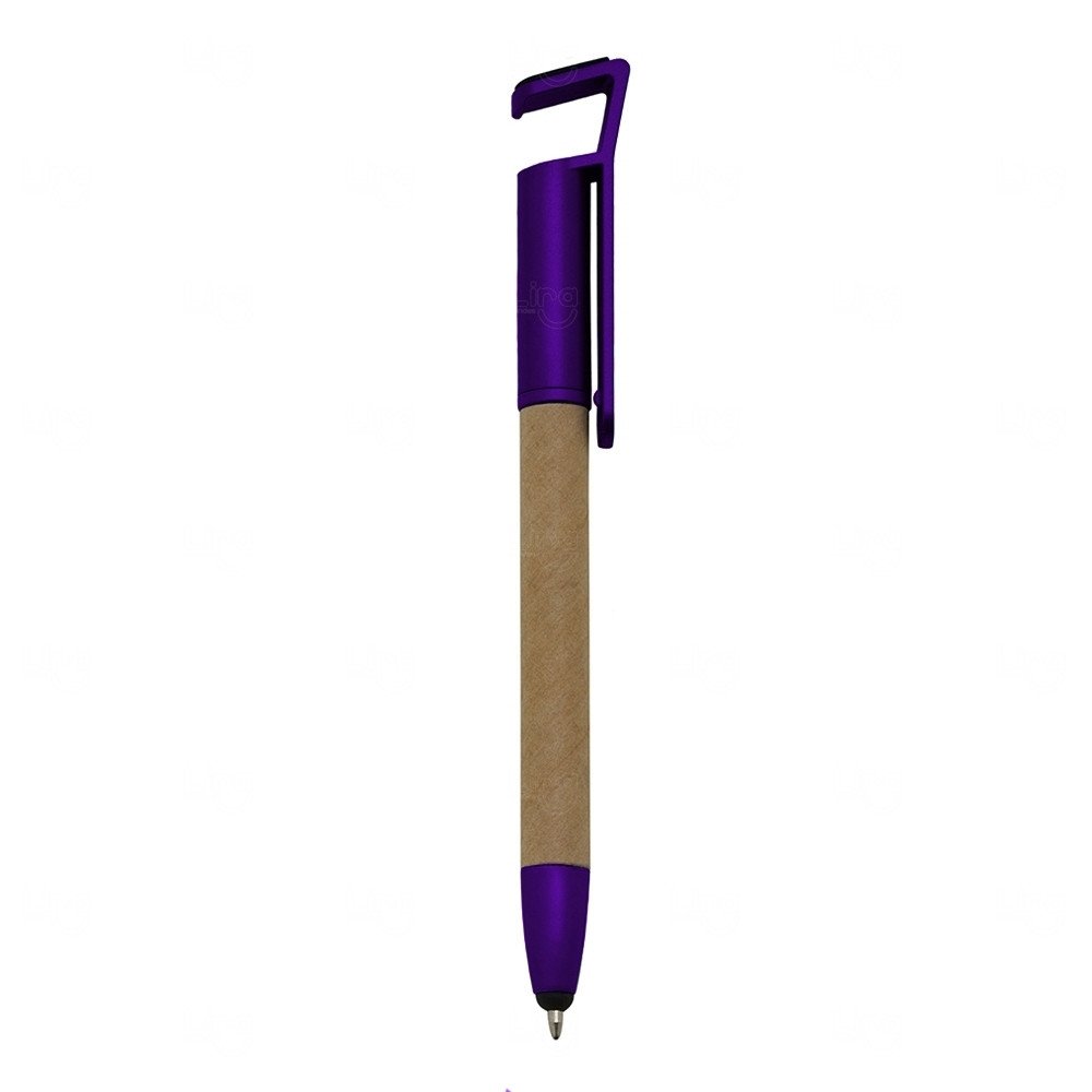 Caneta Ecológica Personalizada com Touch e Suporte para Celular Roxo