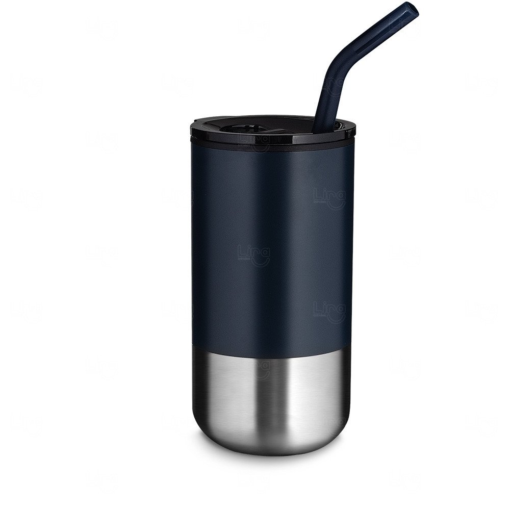 Copo Inox 500ml com Canudo Personalizado Azul