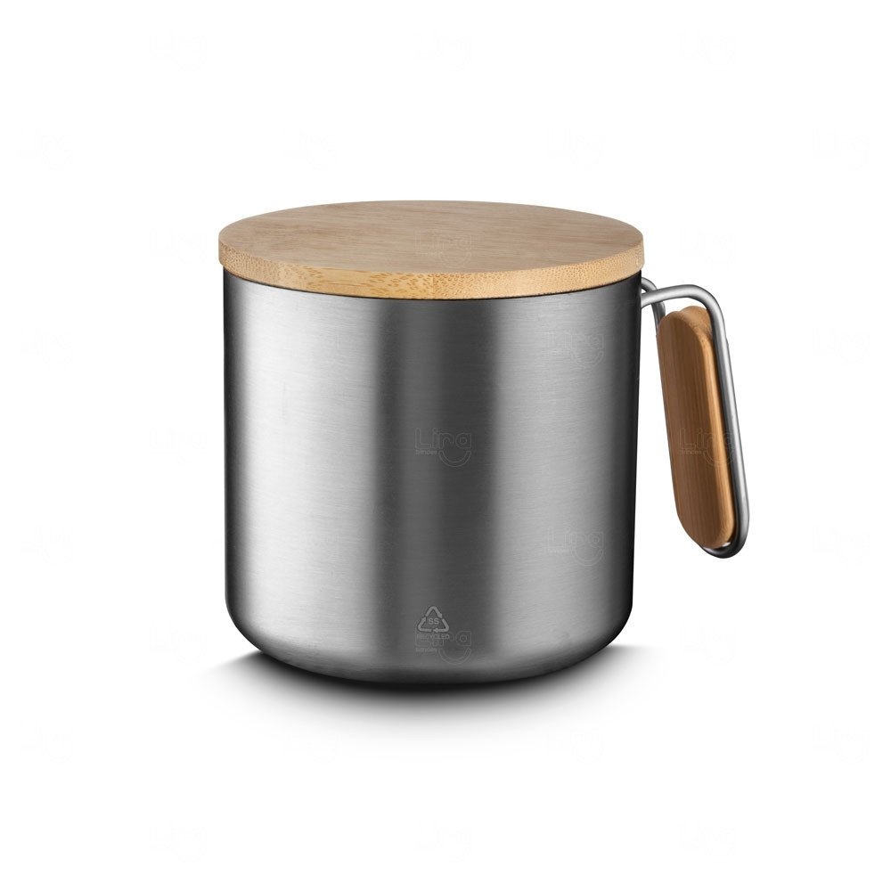 Caneca Térmica em Inox e Bambu 330ml Personalizada Prata