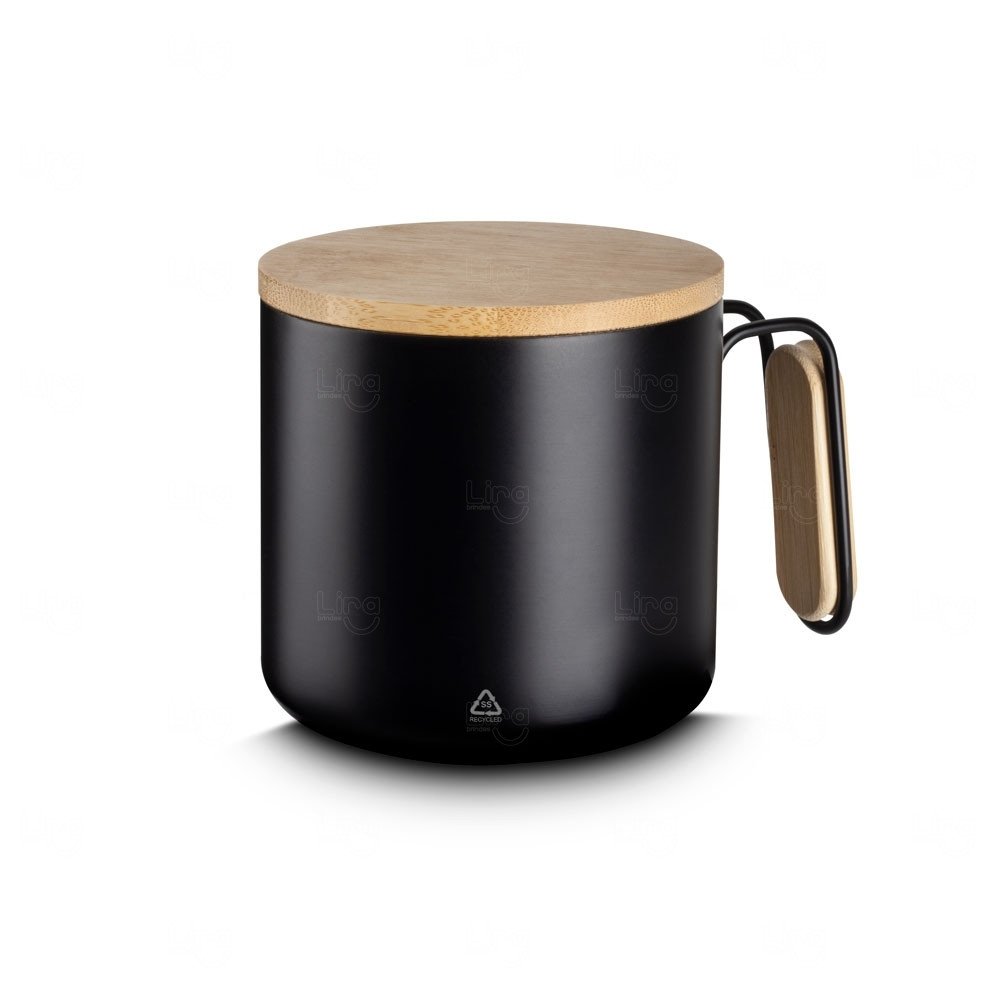 Caneca Térmica em Inox e Bambu 330ml Personalizada Preto