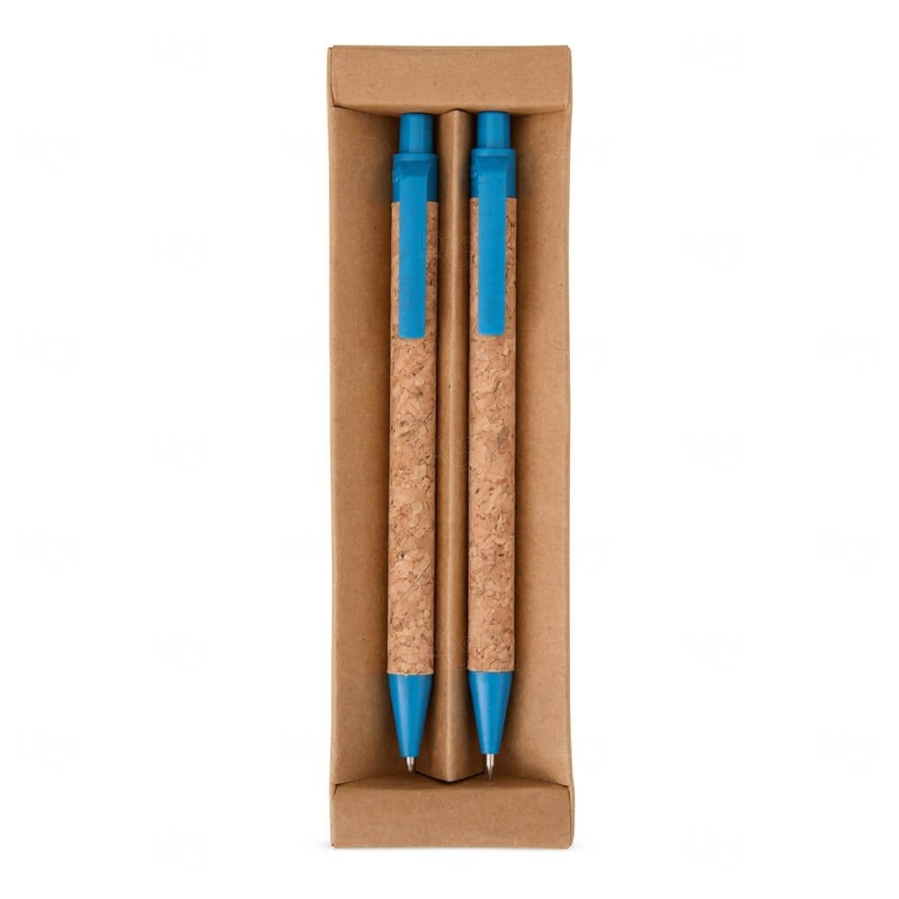 Kit Ecológico Caneta e Lapiseira de Cortiça Personalizado Azul