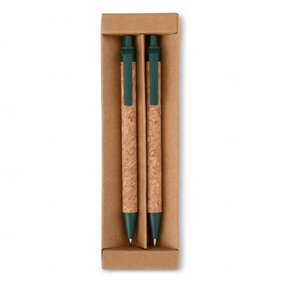 Kit Ecológico Caneta e Lapiseira de Cortiça Personalizado Verde Escuro