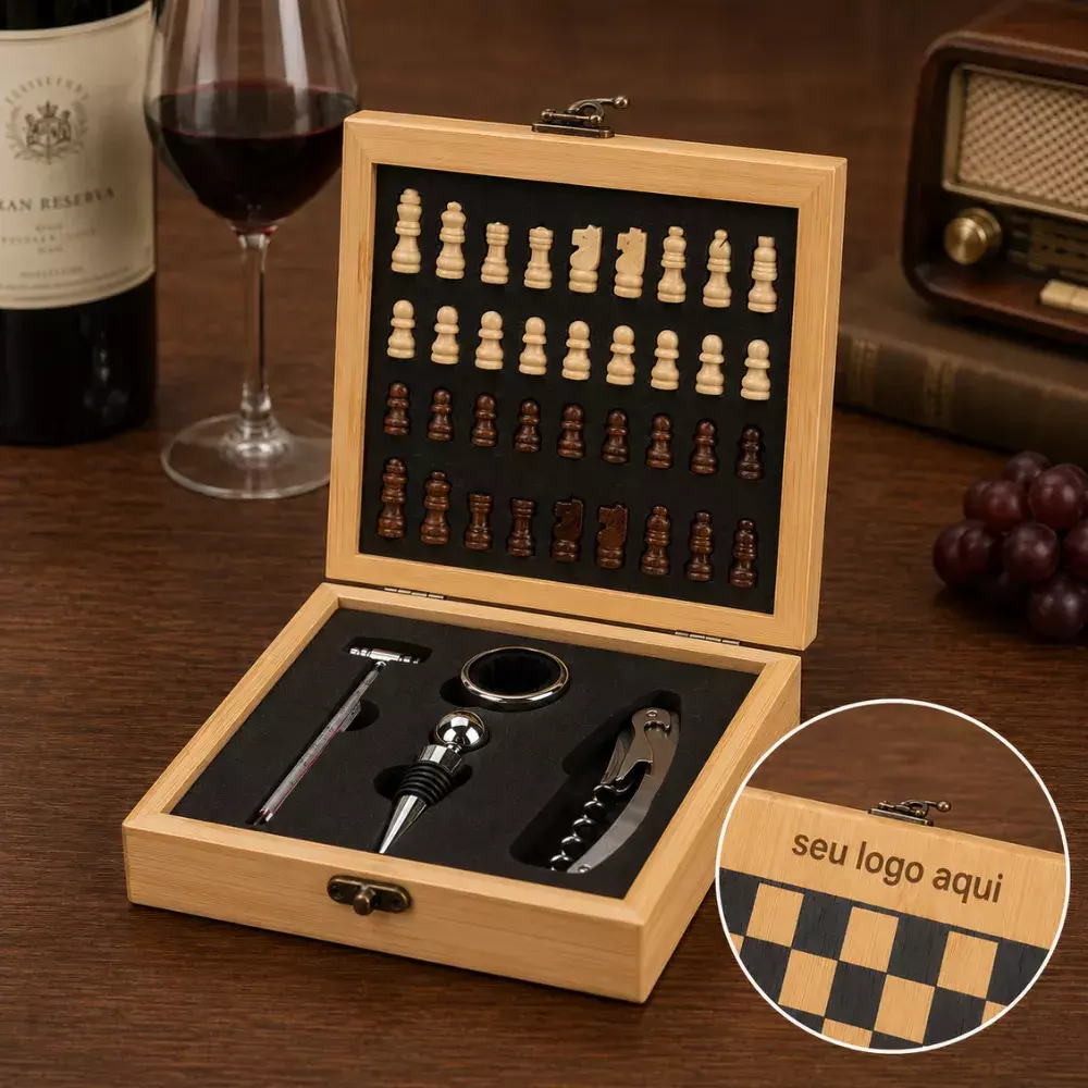 Kit Vinho e Xadrez 4 Peças Personalizado 